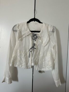 Kimchi Blue White Lace-Trim Sheer Blouse with Gingham Ties